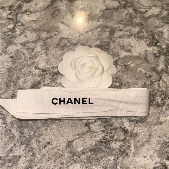 ✨ Chanel Ribbon - White with Black Lettering, 1” and 92”Long, w Camellia Flower - Picture 1 of 1